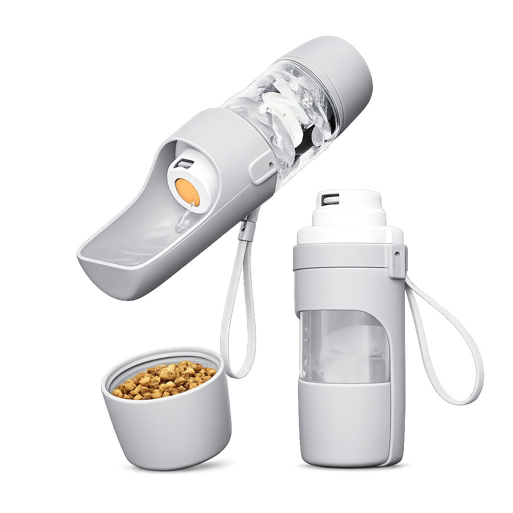 White AquaPaw dog bottle with built-in drinking tray and detachable food cup